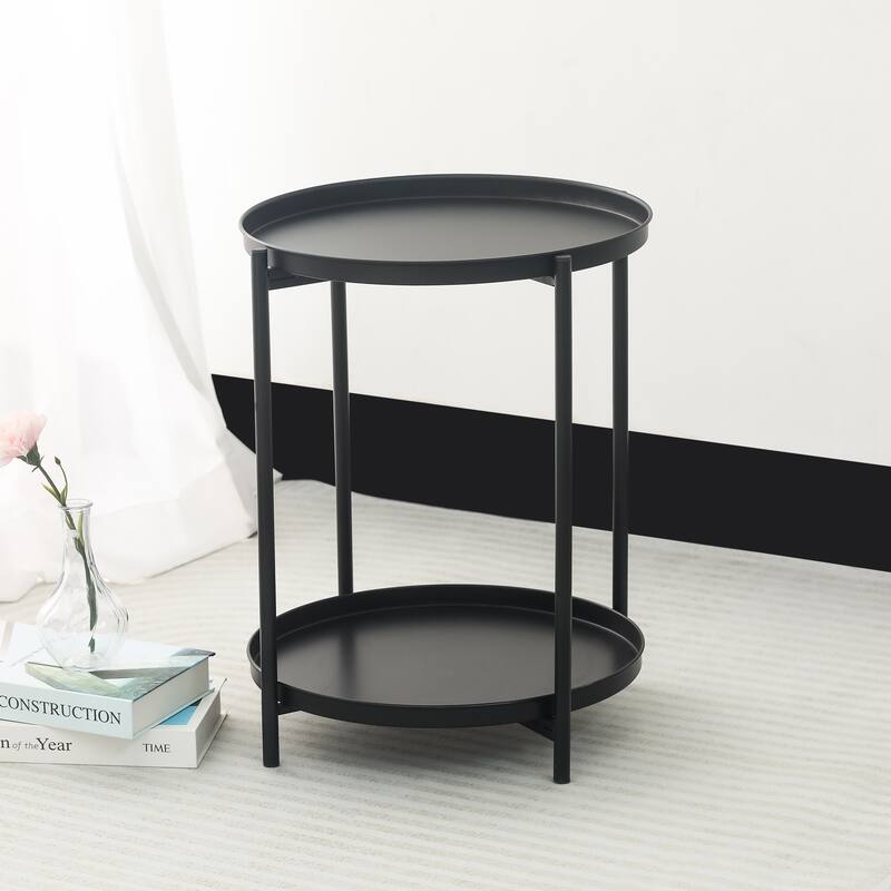 Adeco Side Table 2-Tier Metal Round End Table with Removable Tray - 17.5""(D)x 17.5""(W)x 20.7""(H)