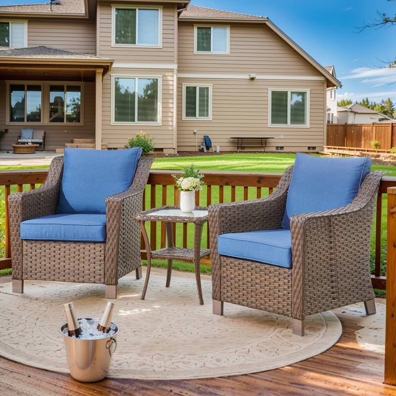 PE Rattan Chair Outdoor Patio Chair with Coffee Table - Blue - Brown