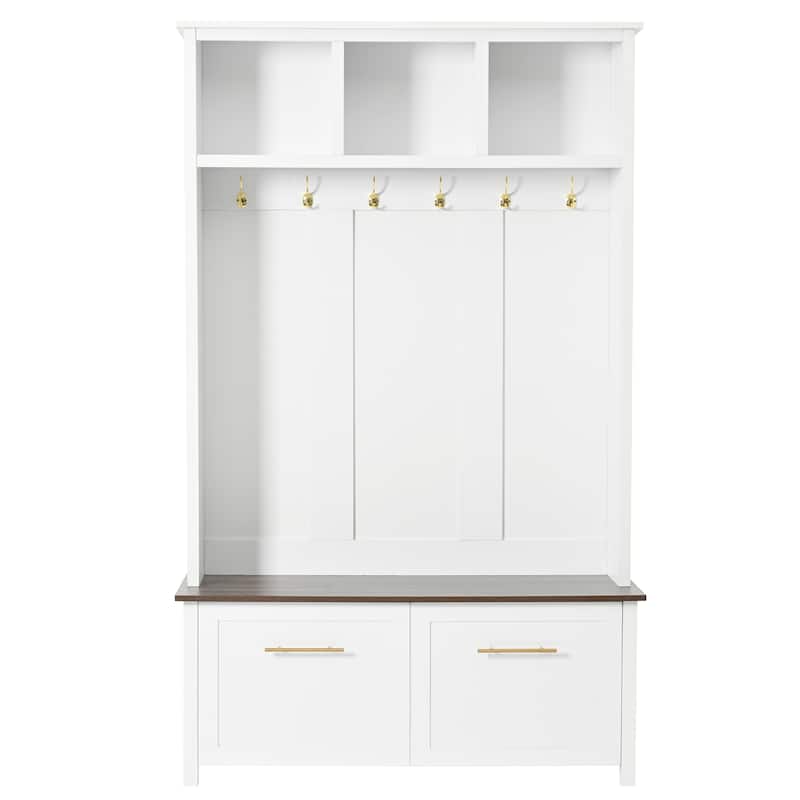 Roomfitters Mudroom 4-in-1 Hall Tree with Storage Bench, Versatile Coat Rack with 6 Golden Hooks and Multiple Storage Sections