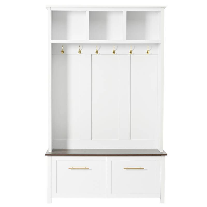 Roomfitters Versatile Hall Tree, 4-in-1 Entryway Coat Rack with Golden Hooks, Wood Grain Bench