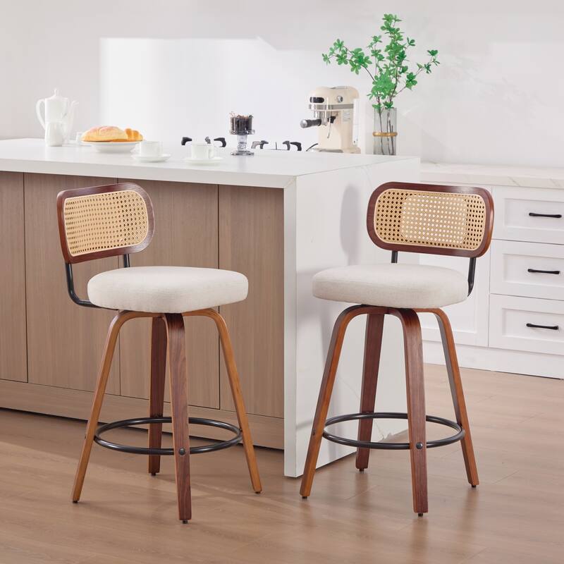Roomfitters Upholstered Swivel Bar Stools Set of 2 with Rattan Back and Wood Legs, Modern Counter Height Dining Chairs