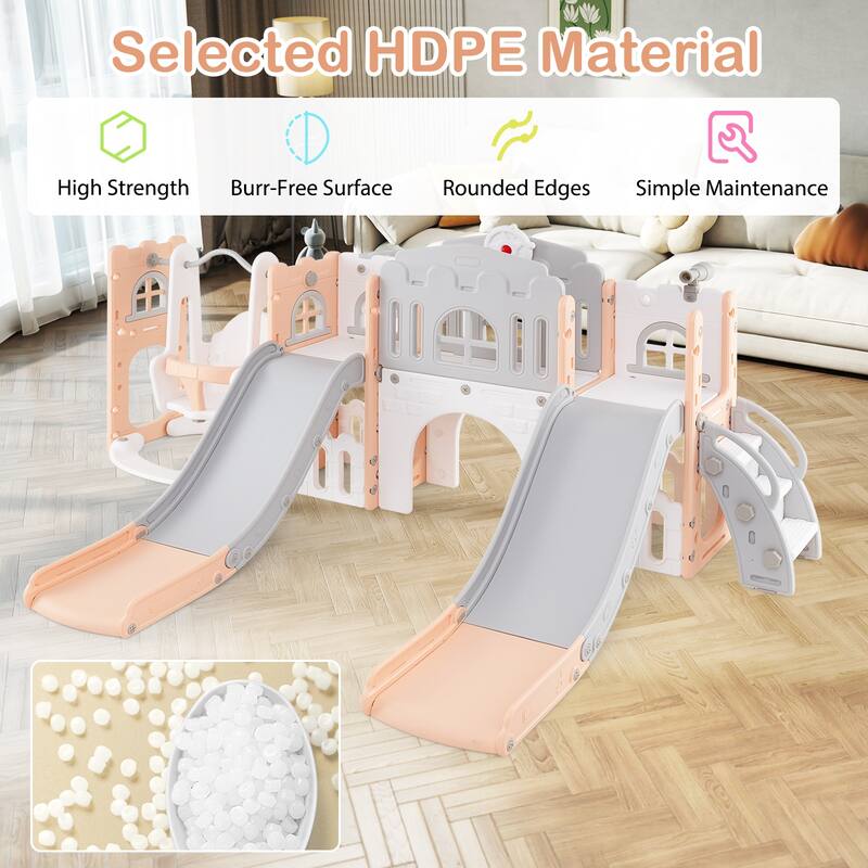 10 in 1 Toddler Slide and Swing Set with Double Slides Climber Basketball Hoop and Tunnel Indoor Outdoor Playset for Kids