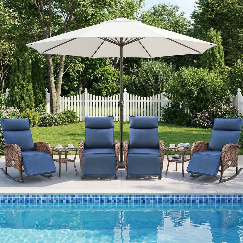 Pocassy Outdoor Patio Rocking Lounge Chairs with Adjustable Backrest Set. - Brown Wicker with Blue Cushion - 6 Piece Rocker Recliner Chair with Side Table