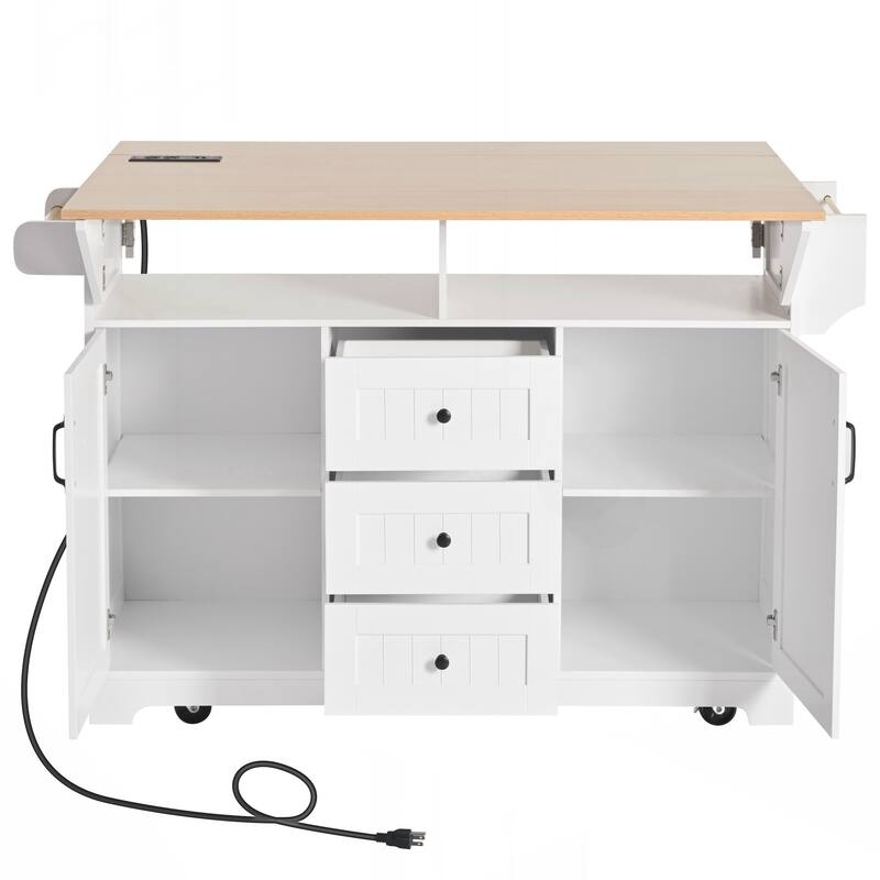 Rolling Kitchen Cart on 5 Wheels with Power Outlet, Folding Storage Dining Table with Spice & Towel Rack