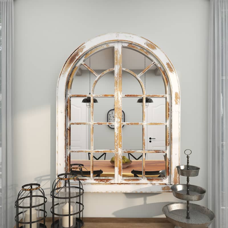 Gray Wood Window Pane Inspired Room Wall Mirror with Arched Top and Distressing