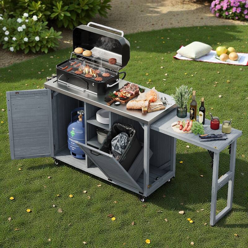 78.3" Outdoor Kitchen Island with Foldable Grill Table, Solid Wood BBQ Cart with Trash Storage & Stainless Steel Top