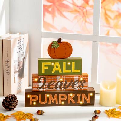 Glitzhome 12"H LED Lighted Fall Wooden Block Word Sign