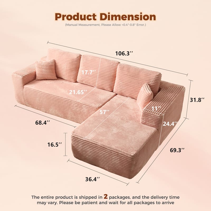 HOOOWOOO Modern Upholstery Chaise Sofa with Pillows for Living Room