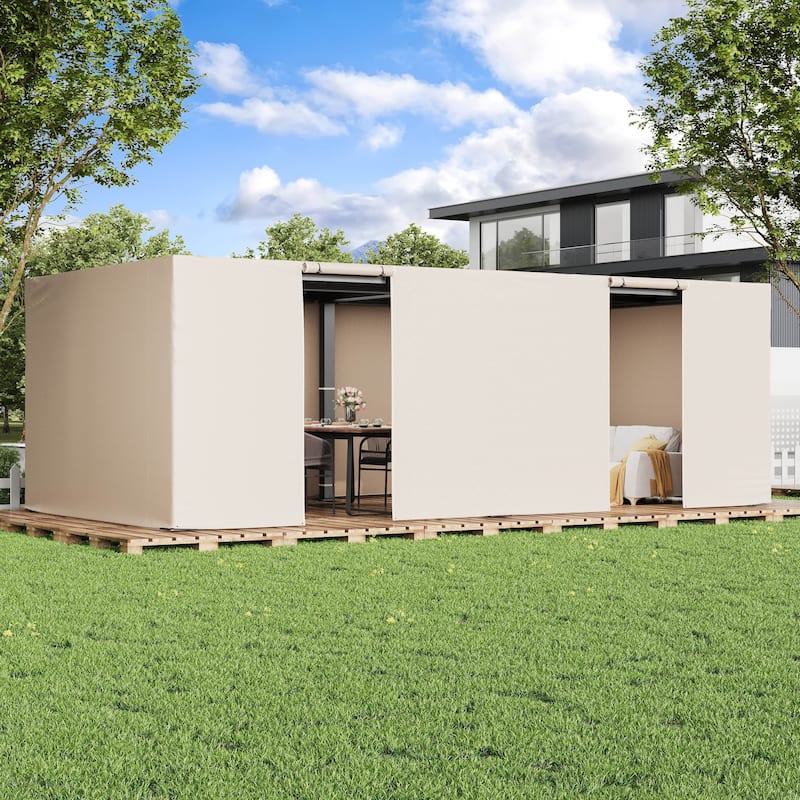 EROMMY Waterproof Pergola Winter Cover with Sidewalls, Mesh Windows and Roll-Up Door, All-Season Weather Enclosure - 12' x 24' - Beige