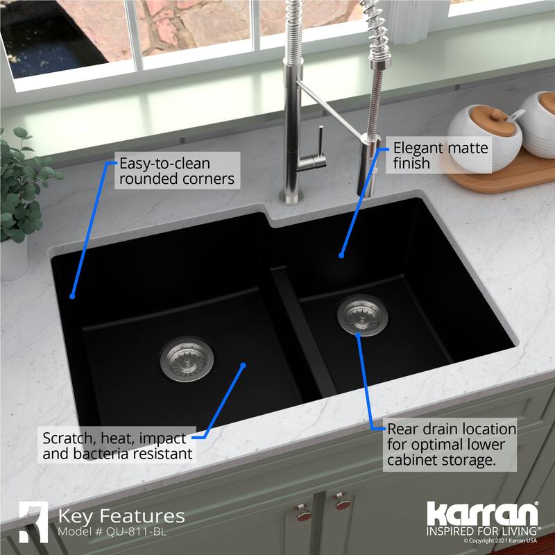 Karran 32" Undermount Large/Small Bowl Quartz Kitchen Sink Kit - 32" x 21.25" x 9"