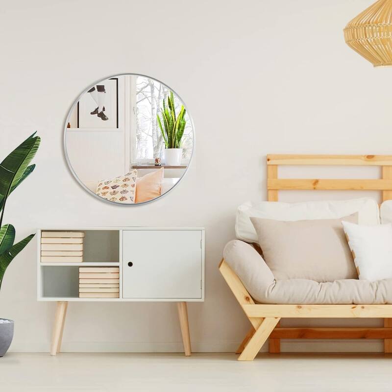 Silver 32 in. W x 32 in. H Aluminium Alloy Frame Round Mirror, Bathroom Mirror, Decorative Mirror