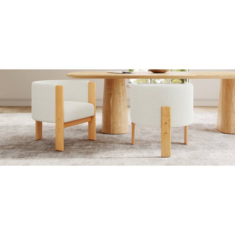 Upholstered Dining Chairs Set of 2, White Boucle Fabric Armchairs with Rubber Wood Frame, Modern Accent Chair