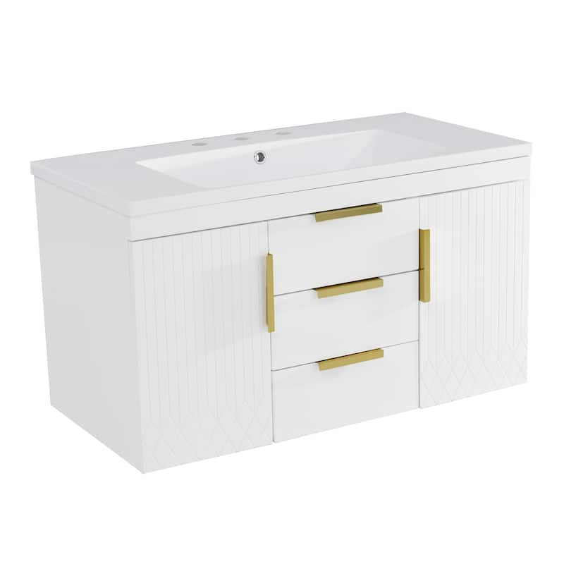36''Wall Mounted Bathroom Vanity With Resin Sink, Floating Bathroom Storage Cabinet With 2 Drawers,Solid Wood Bathroom Cabinet