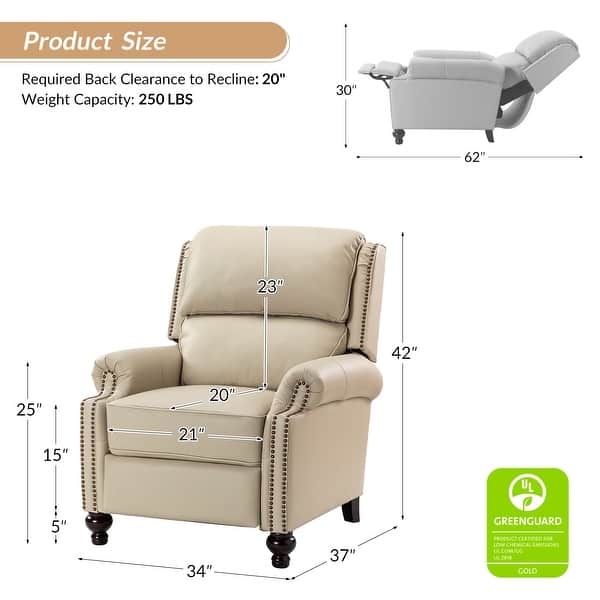 dimension image slide 1 of 10, HULALA HOME Gabriela Mid-Century Modern Genuine Leather Recliner with Tapered Block Solid Wood Feet