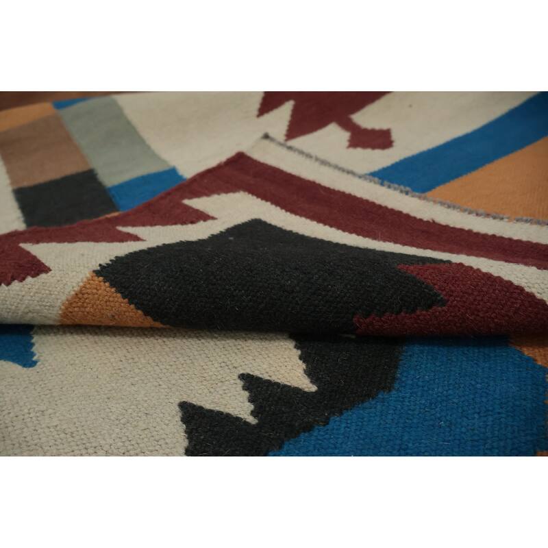 Hand Woven Oriental 100% Wool Carpet Southwestern Tribal Beige & Ivories Kilim Area Rug - 12' 3'' X 5' 5''