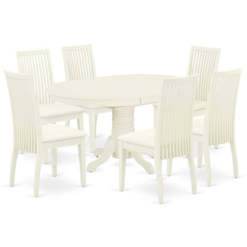 7Pc Rustic Ranch Dinette Set - Oval Kitchen Table & 6 Linen Chairs - Linen White Finish - 60