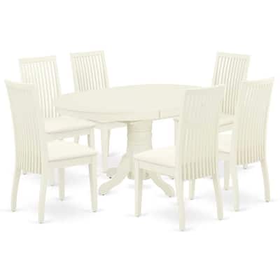 HomeStock 7-Pc Oval Linen White Finish Solid Wood Top Dining Table with 6-Chairs with Butterfly Leaf