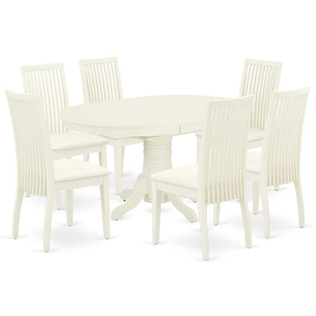 HomeStock 7-Pc Oval Linen White Finish Solid Wood Top Dining Table with 6-Chairs with Butterfly Leaf