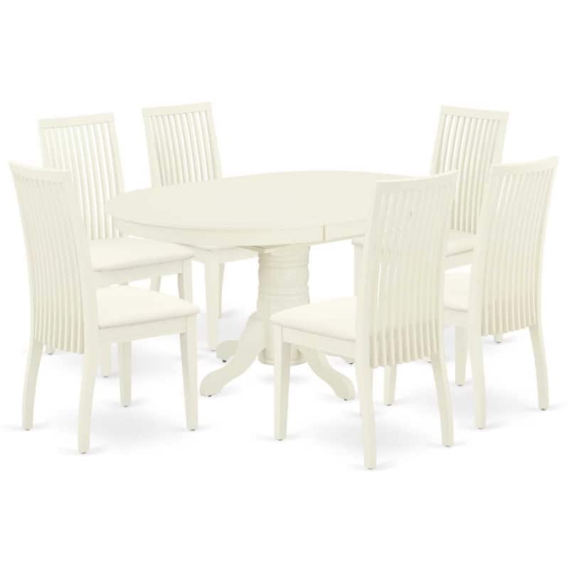 HomeStock 7-Pc Oval Linen White Finish Solid Wood Top Dining Table with 6-Chairs with Butterfly Leaf