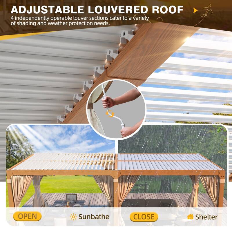 EROMMY Outdoor Louvered Pergola Gazebo with Adjustable Aluminum Rainproof Roof and Pull-Down Screen