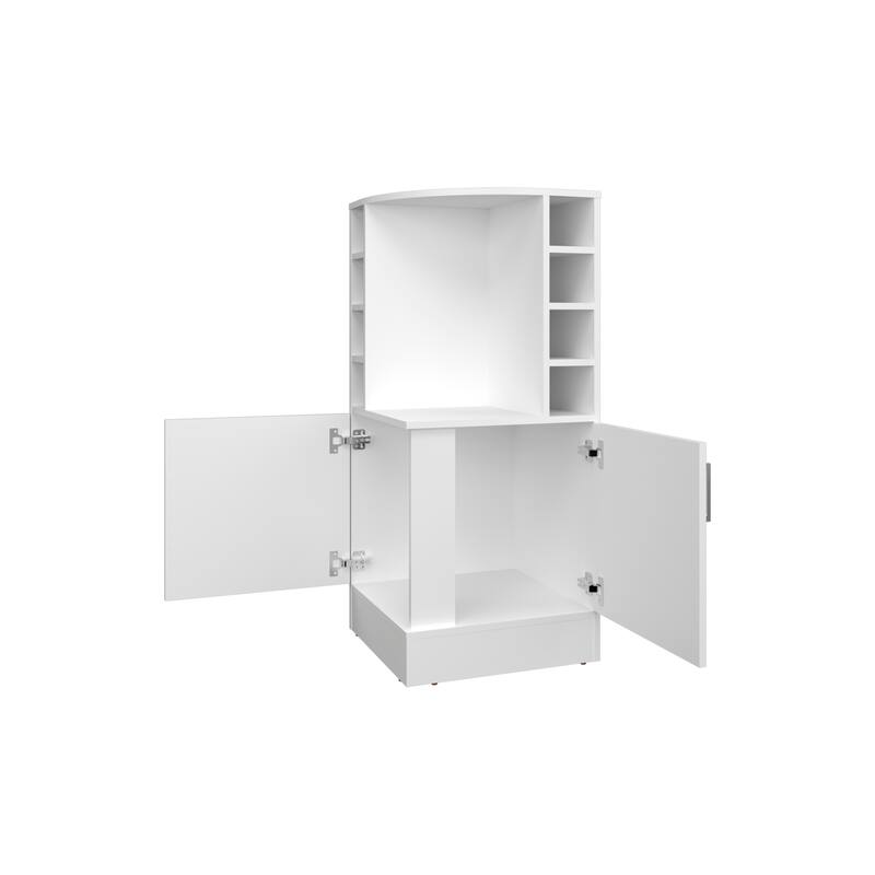 FM FURNITURE Toyei Corner Bar Cabinet with Bottle Rack, Open Shelves, and Hidden Storage, White