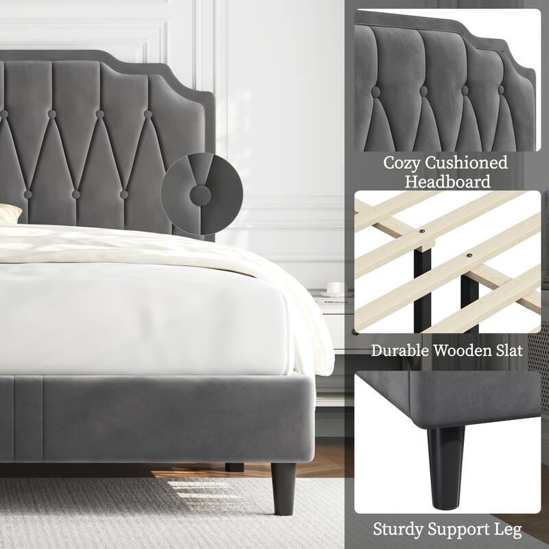Yaheetech Wooden Slat Support Bed Frame with Button Tufted Headboard