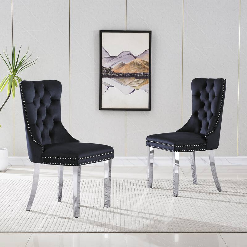 Stylish Black Velvet Dining Chairs with Silver Mirrored Finish Legs - Set of 2, 19.7"L x 24"D x 36.2"H, Chic Dining Room
