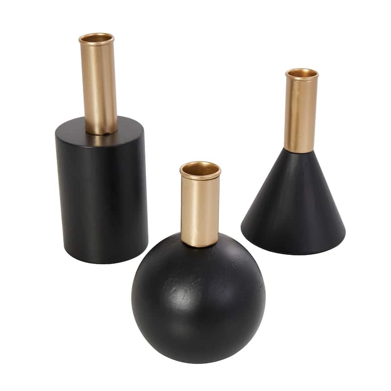 Wood Geometric Candle Holder with Varying Shapes and Gold Accents - Set of 3 Black - Roche River Decor - 3"W x 3"L x 7"H