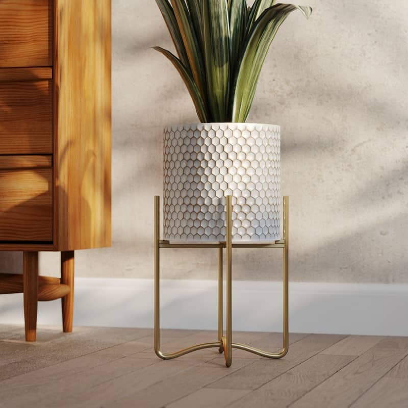 Honeycomb Mid-Century Modern Indoor Metal Pot Planter with Tall Metal Base - 20.5" H  x 11.25" W - Multi