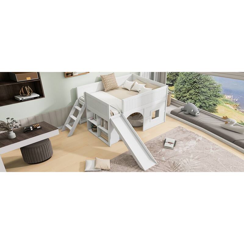 Roomfitters Full Low Loft Bed with Slide, Storage Shelves and Window Design