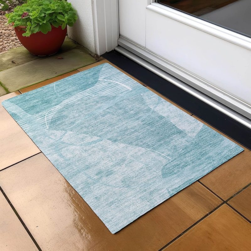 Machine Washable Indoor/ Outdoor Chantille Abstract Modern Rug - Turquoise - 1'8" x 2'6"