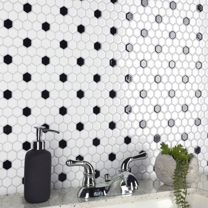 Merola Tile Metro 1" Hex Glossy White w/Black Dot 10-1/4" x 11-7/8" Porcelain Floor and Wall Tile