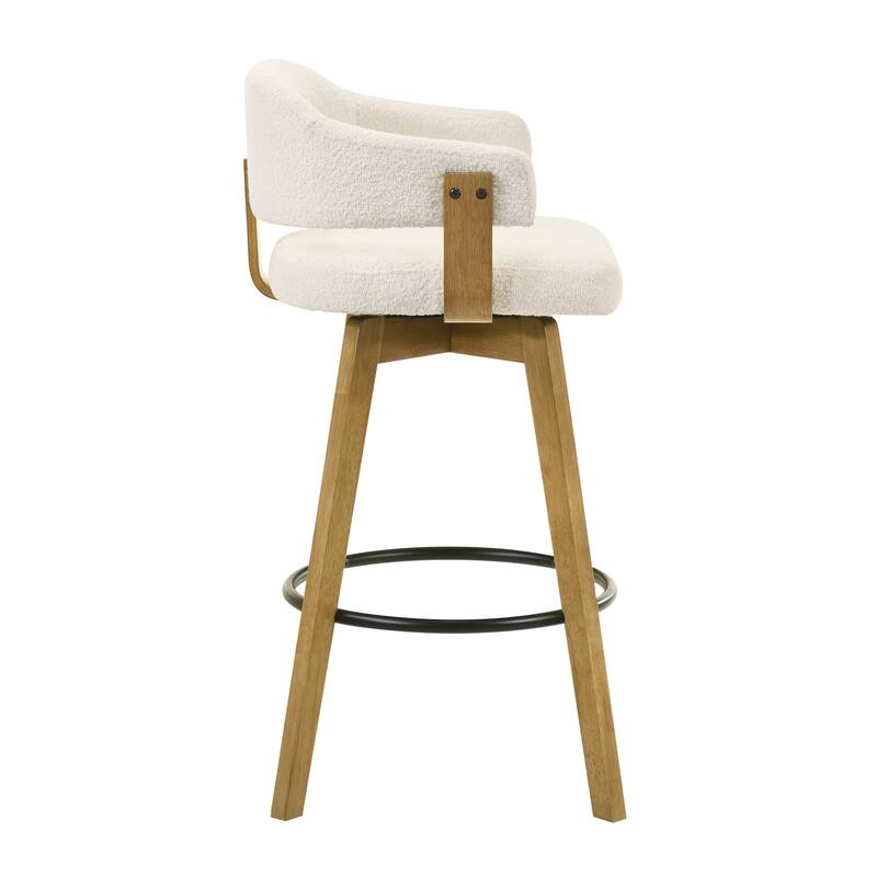 Callah Natural Wood Bar Stool, Counter Height Kitchen Stool in Amber Glow Finish with White Boucle Fabric Upholstered Seat