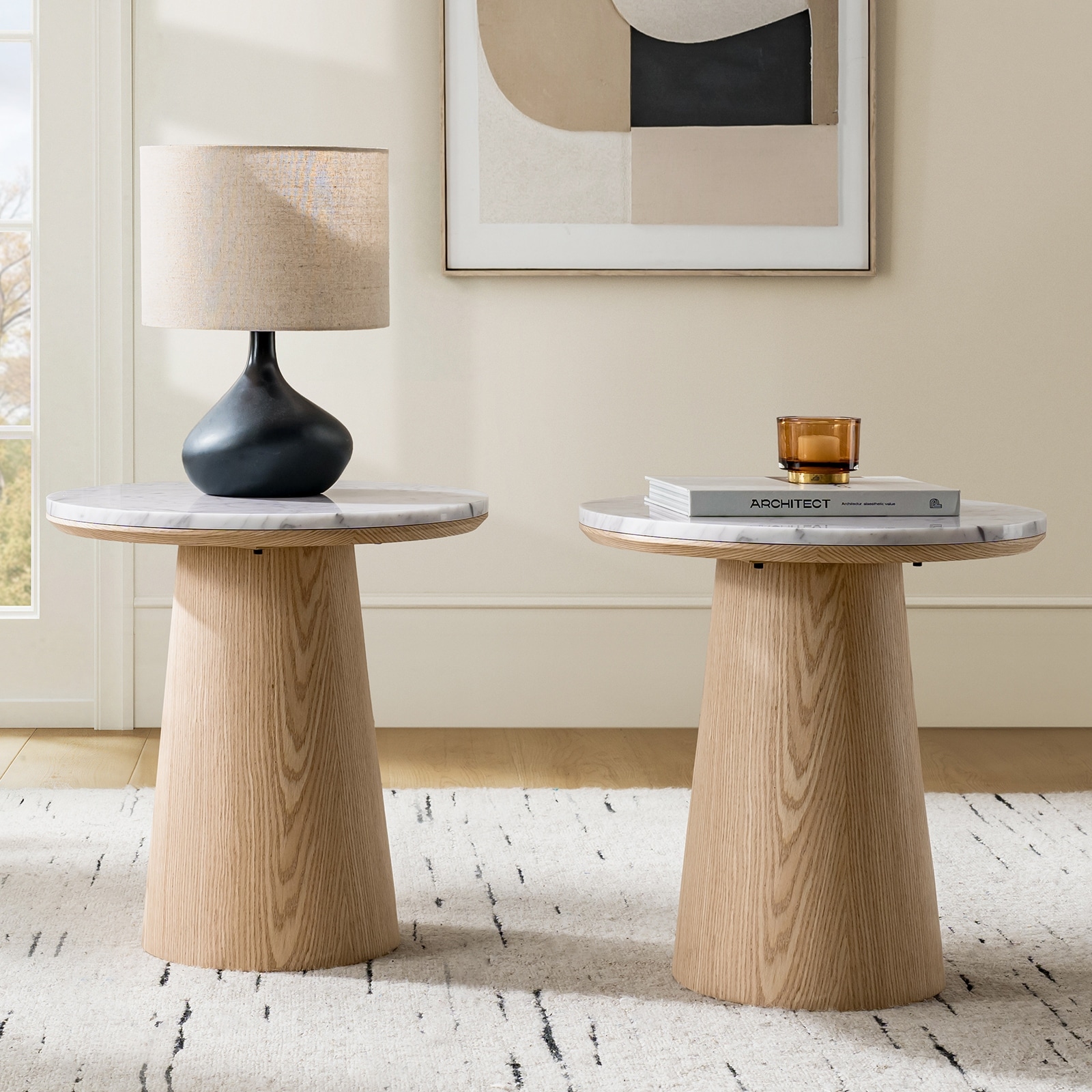 Fitzgerald Modern Round End Table with Genuine Marble Top and Easy Assembly Set of 2 by HULALA HOME
