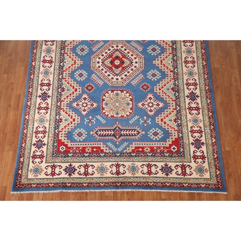 Blue Geometric Kazak Area Rug Handmade Oriental Wool Carpet - 6'8" x 9'9"