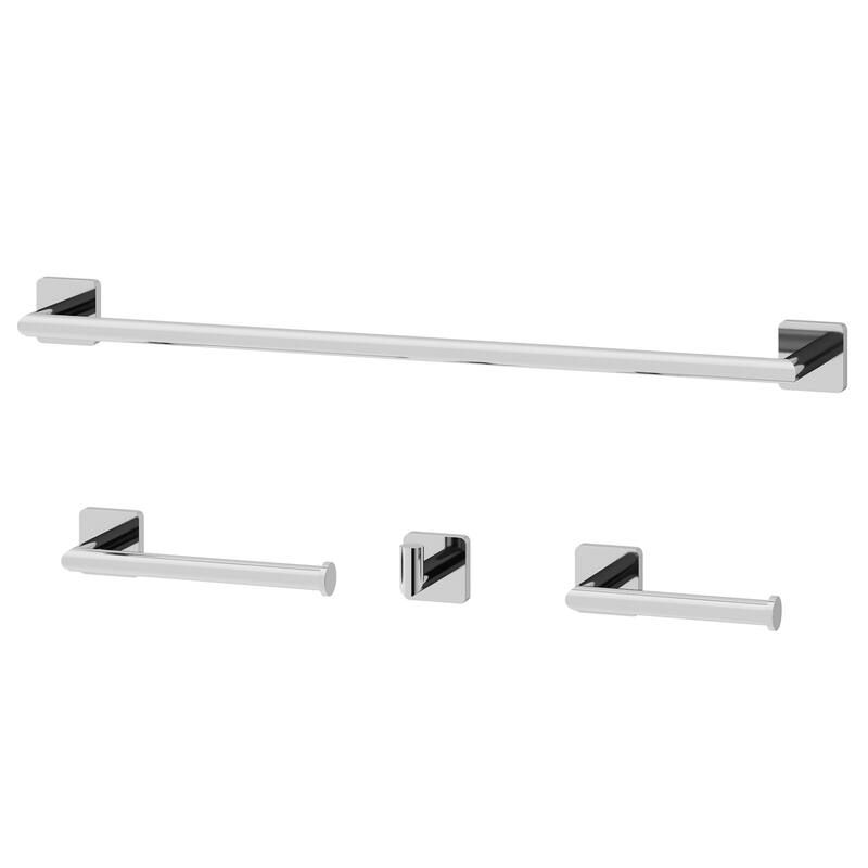 VIGO Satro 4-Piece Bathroom Hardware Accessory Set with 24 in. Towel Bar, Toilet Paper Holder, Hand Towel Holder, Hook - Chrome