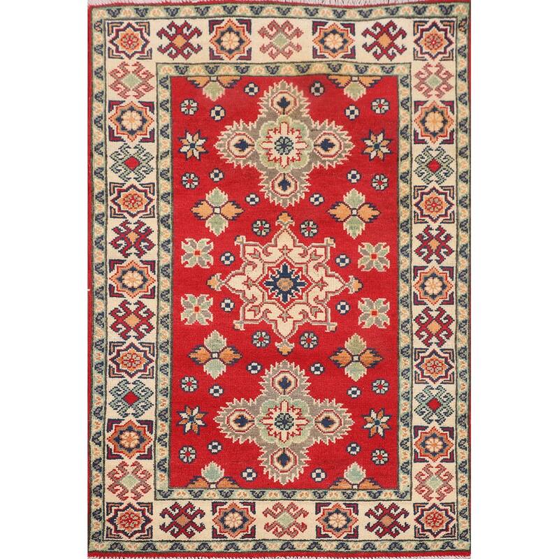 Kazak Accent Rug Hand-Knotted Geometric Red Wool Carpet - 2'10" x 4'1"