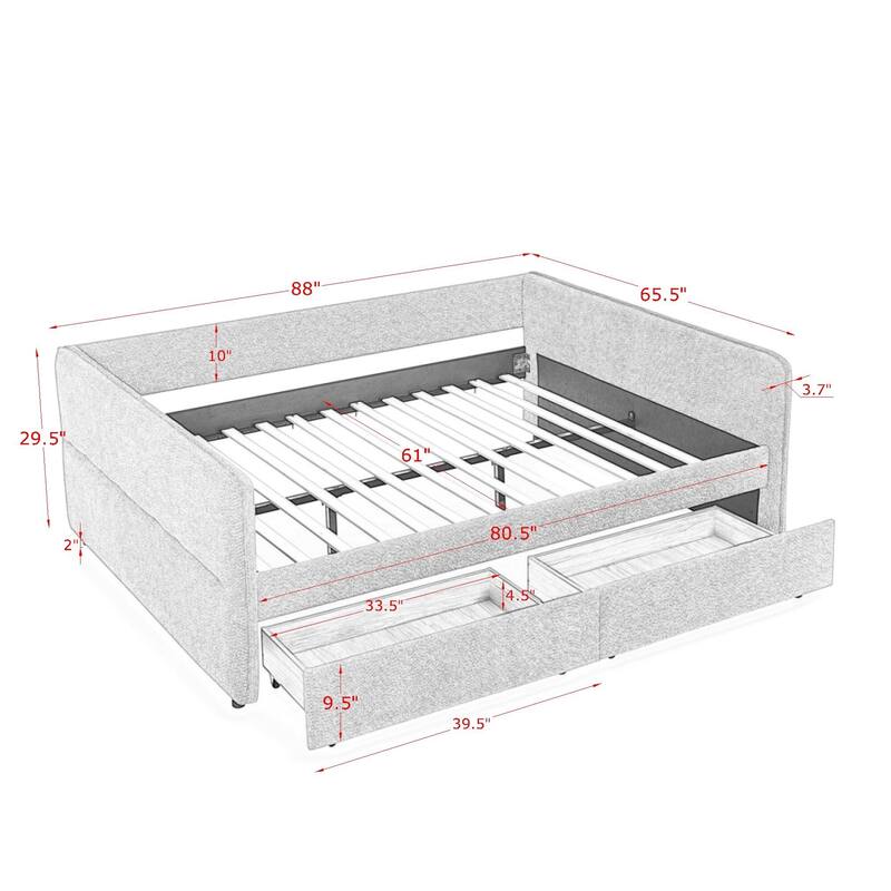 Roomfitters Queen Boucle Daybed with Trundle, Two Storage Drawers and Upholstered Sofa Bed Frame