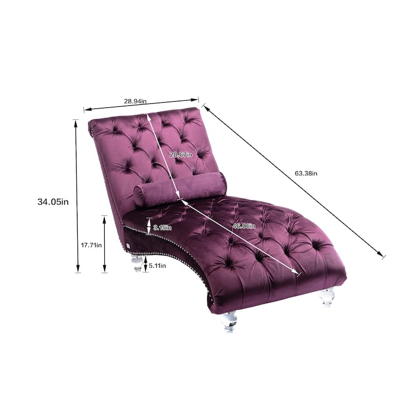 PUrple Modern 63.98" Upholstered Buttons Tufted Chaise Lounge Chair with Pillow and Acrylic Legs