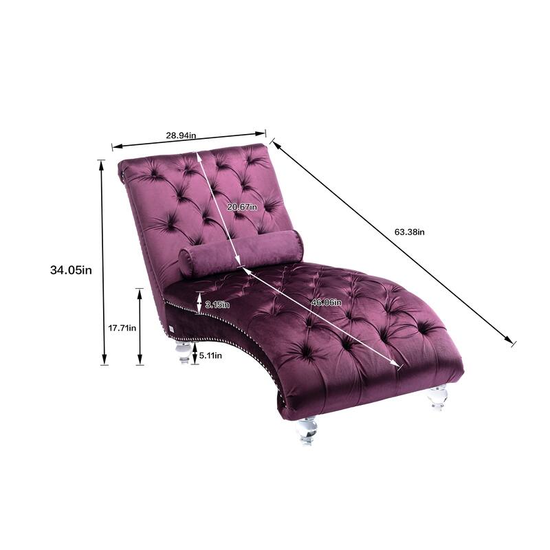 Velvet Tufted Chaise Lounge Chair Ergonomic S Shape Recliner with Pillow, Nailhead Trim and Acrylic Legs for Indoor Use