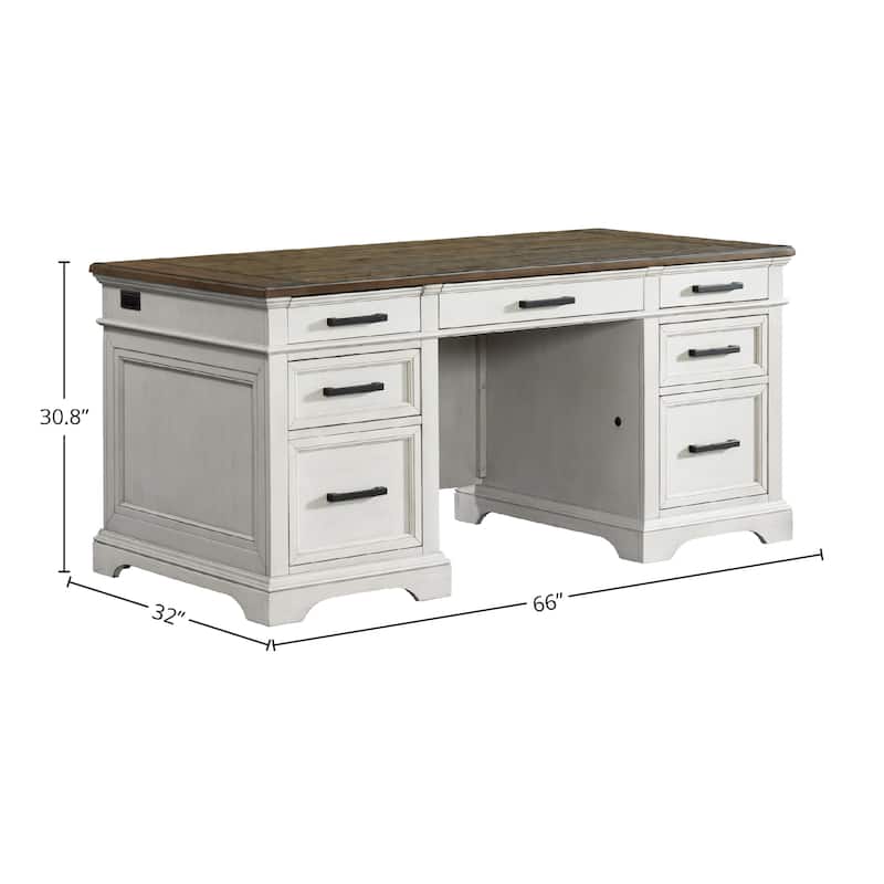 Drake Home Office 66" Wide Executive Desk, Rustic White & French Oak