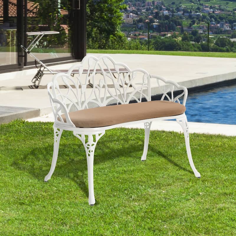 HOMEFUN Aluminum Outdoor Tulip Garden Bench - White+cushion
