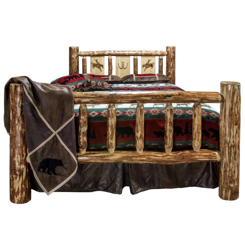 Rustic Bed with Bronc Design - Log Bed Frame - Country Style Bed - 94" x 66" - Solid Wood Bed
