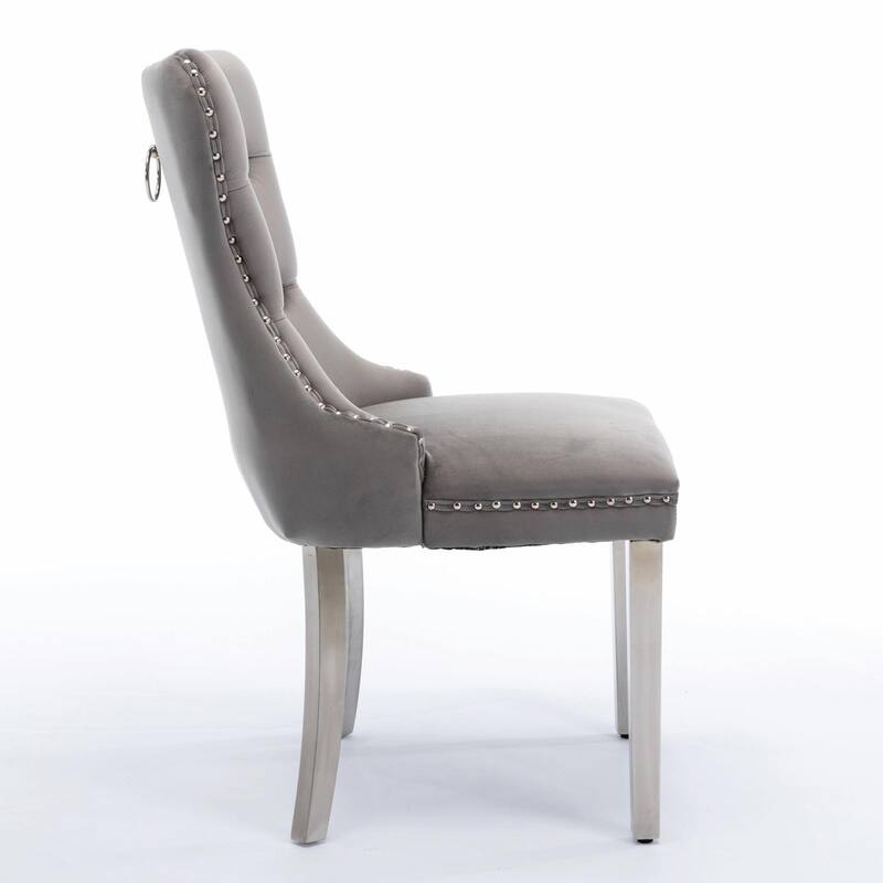 Tufted Velvet Dining Chairs - Solid Wood - Golden Stainless Steel Legs - Nailhead Trim - Set of 2