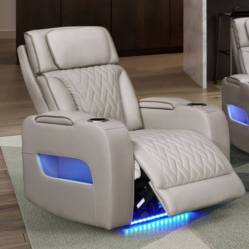 Jazz 37"W Leather Aire Transformer Power Reclining Chair w/Power Headrest, LED Lights, USB & USB-C Ports, Storage & Cupholders - Ice