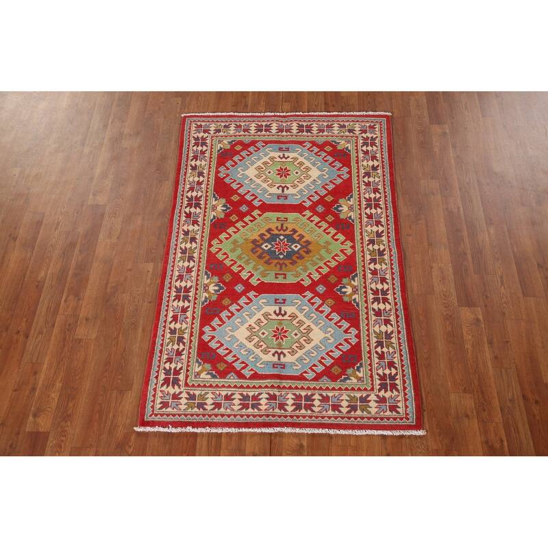 Geometric Red Kazak Oriental Rug Handmade Wool Carpet - 3'3"x 5'1"