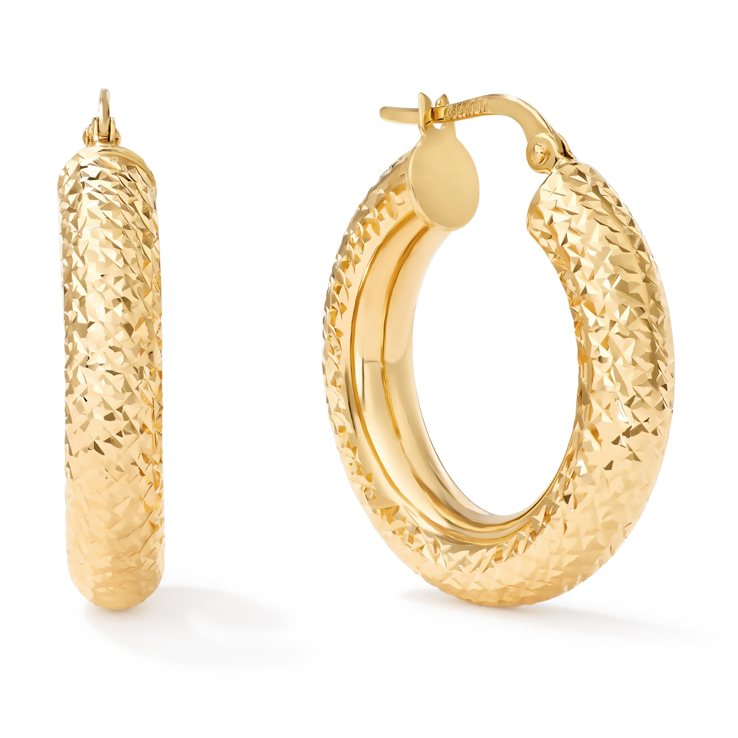 Clover 14K Yellow Gold Diamond-Cut Round Hoop Earrings 3mm (25 &30mm)