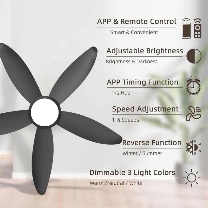 42" 5 Blade High-airflow Easy-install Plug-in ABS Blade Ceiling Fan Light