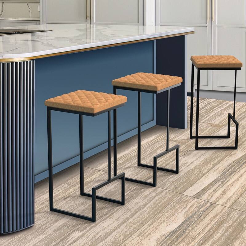 Quincy Leather Quilted Counter Height Barstool (Set of 2) with Upholstered Square Seats & Footrest for Home Bar & Kitchen