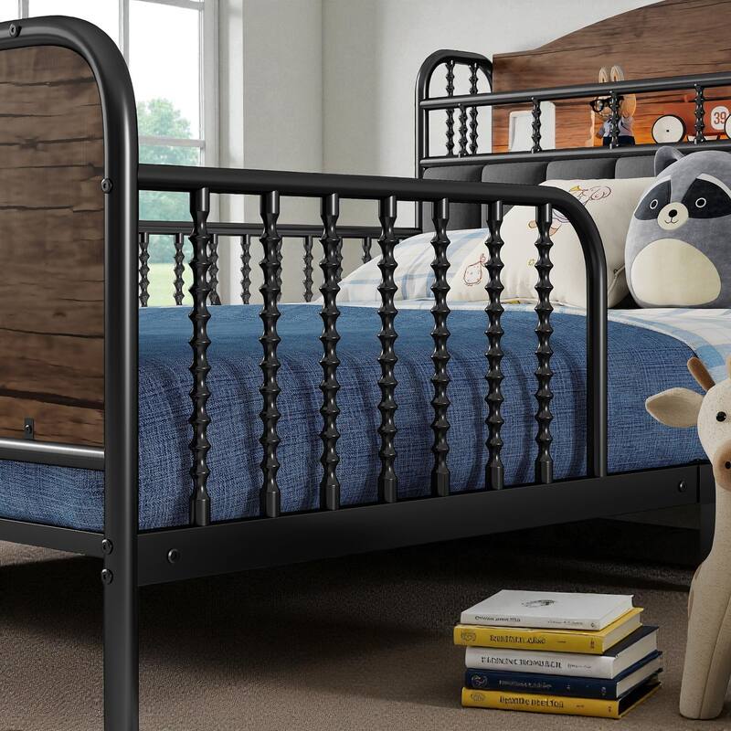 Twin/Full Size Metal Platform Bed with LED Lights and Upholstered Headboard, Kids Bed Frame with Storage Shelf